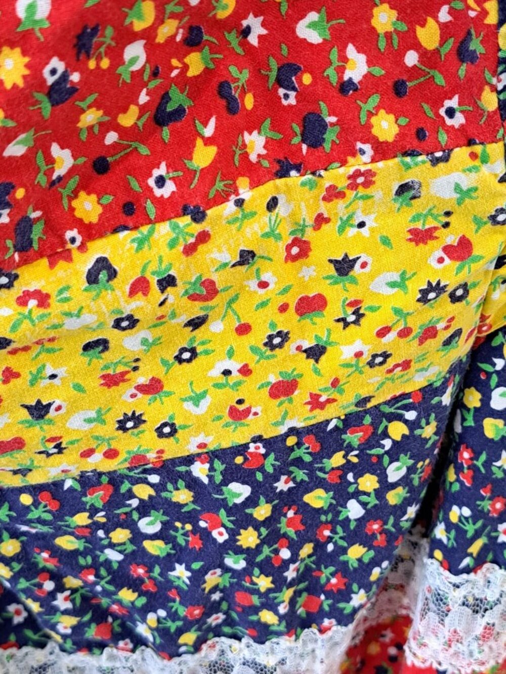 Vintage 70's Floral Patchwork Prairie Maxi Dress Lace Trim Multi-Color S Cotton - Picture 5 of 16